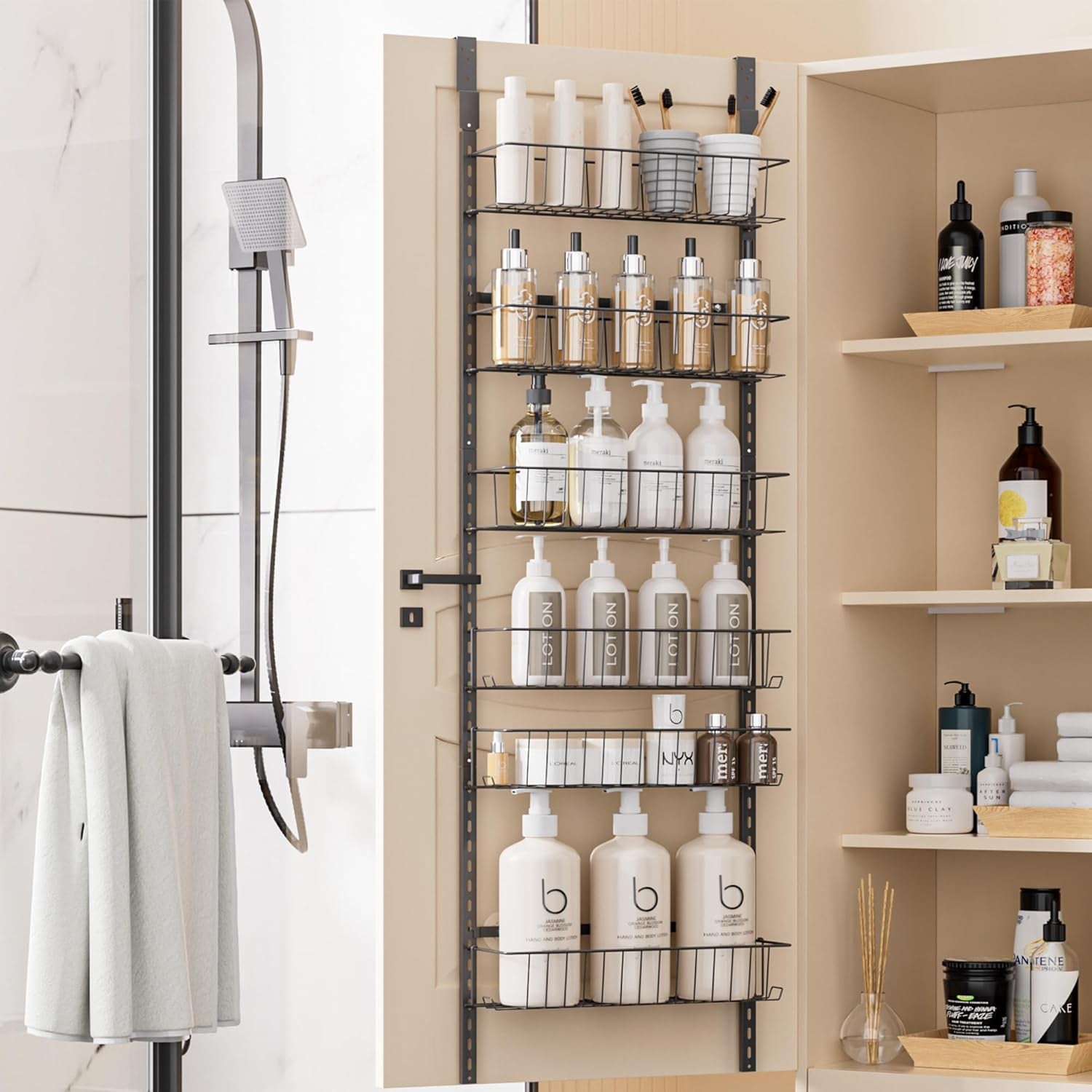 Adjustable Cabinet Door Organizer, 6-Tier Hanging Spice Rack Organizer, Metal over the Door Pantry Organizer, Pantry Organizers and Storage Shelves for Kitchen Bathroom Laundry Room, Black