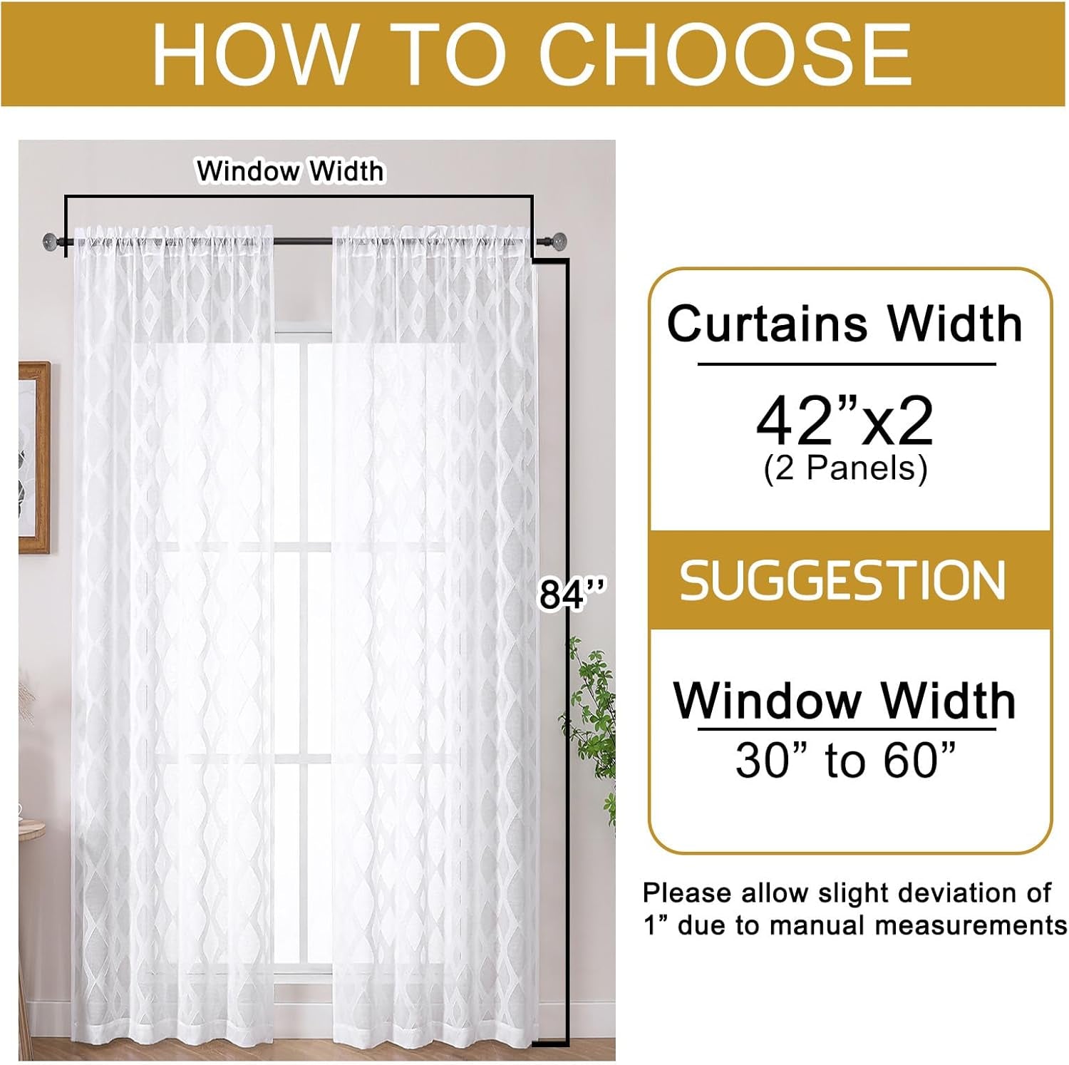 Sheer White Curtains 84 Inches Long 2 Panels Set for Bedroom, Light Filtering Geometric Jacquard Clip Textured Window Curtain, Modern Farmhouse Curtains for Living Room, Total Wide 84" Inch