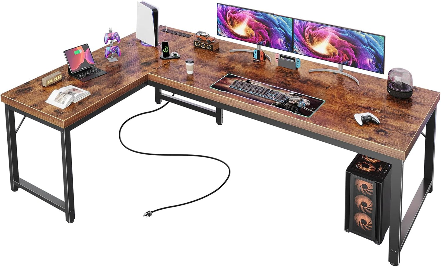 63-Inch L-Shaped Desk with Integrated Power Outlets and USB-C Port, Enhanced 0.95-Inch Desktop Thickness, Reversible Design, Spacious Corner Gaming and Office Desk, Sturdy Metal Frame, Rustic Brown Finish for Home Office and Study