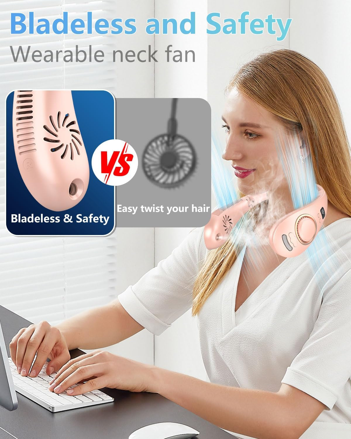 Misting Neck Fan,Collapsible Neck Fans Portable Rechargeable Battery,Cordless Leafless Headphone Wear Hands Free Devices,Cold Small Light Weight Noiseless Breeze around the Neck Cooler Tool Spray Pink