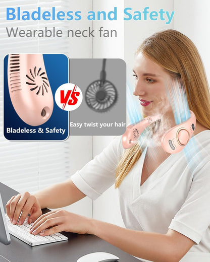Misting Neck Fan,Collapsible Neck Fans Portable Rechargeable Battery,Cordless Leafless Headphone Wear Hands Free Devices,Cold Small Light Weight Noiseless Breeze around the Neck Cooler Tool Spray Pink