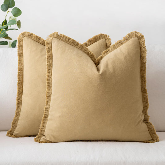 Throw Pillow Covers Boho Farmhouse 20X20 Set of 2 Decorative Khaki Couch with Fringe Chic Cotton Pillowcases Home Decor Accents for Cushion Soft Bed Living Room