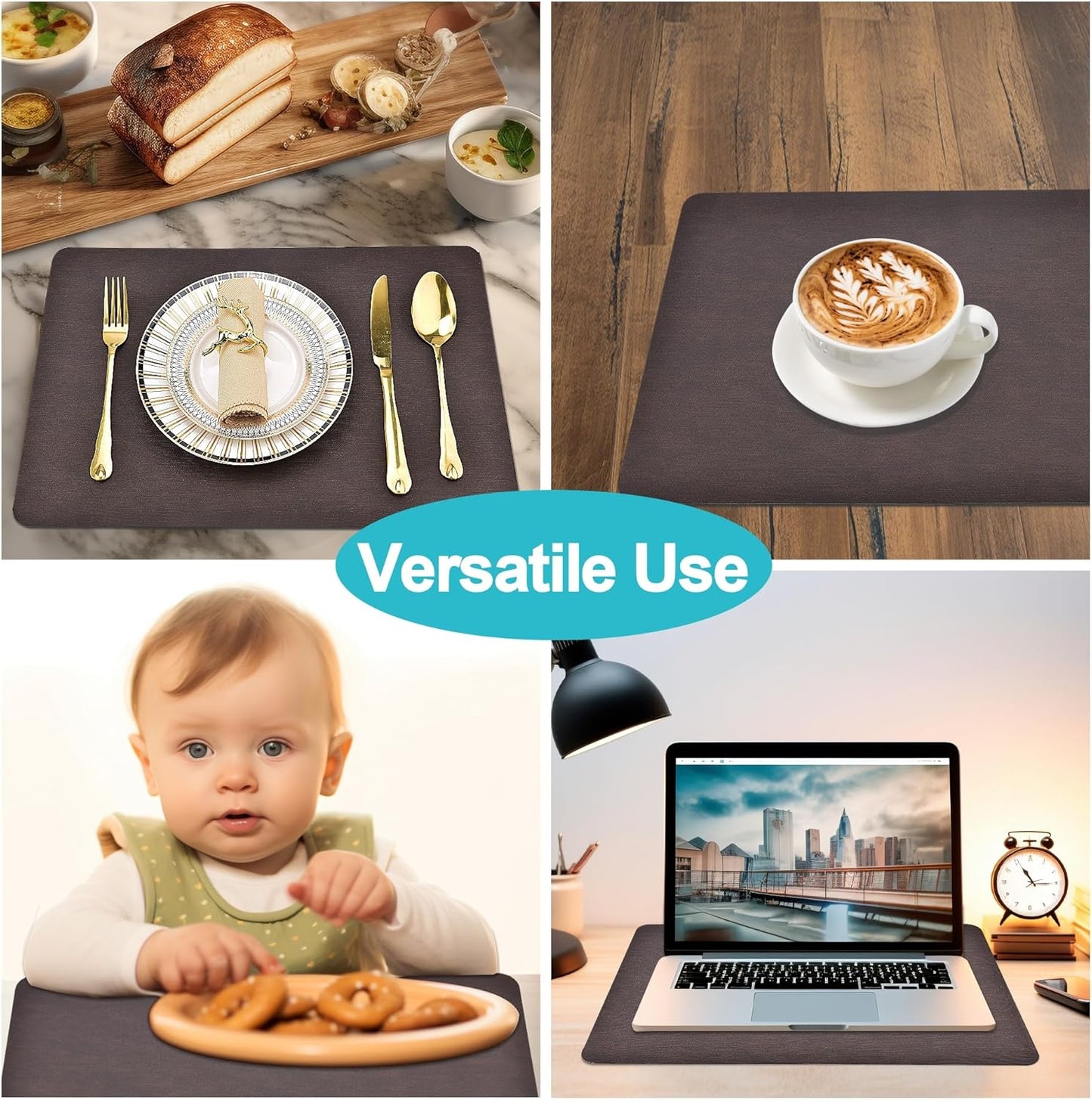 Faux Leather Placemats Set of 4 - Stain, Heat, and Spill Resistant, Non-Slip Design for Enhanced Dining and Kitchen Decor, 18 x 12 Inches (Dark Brown)