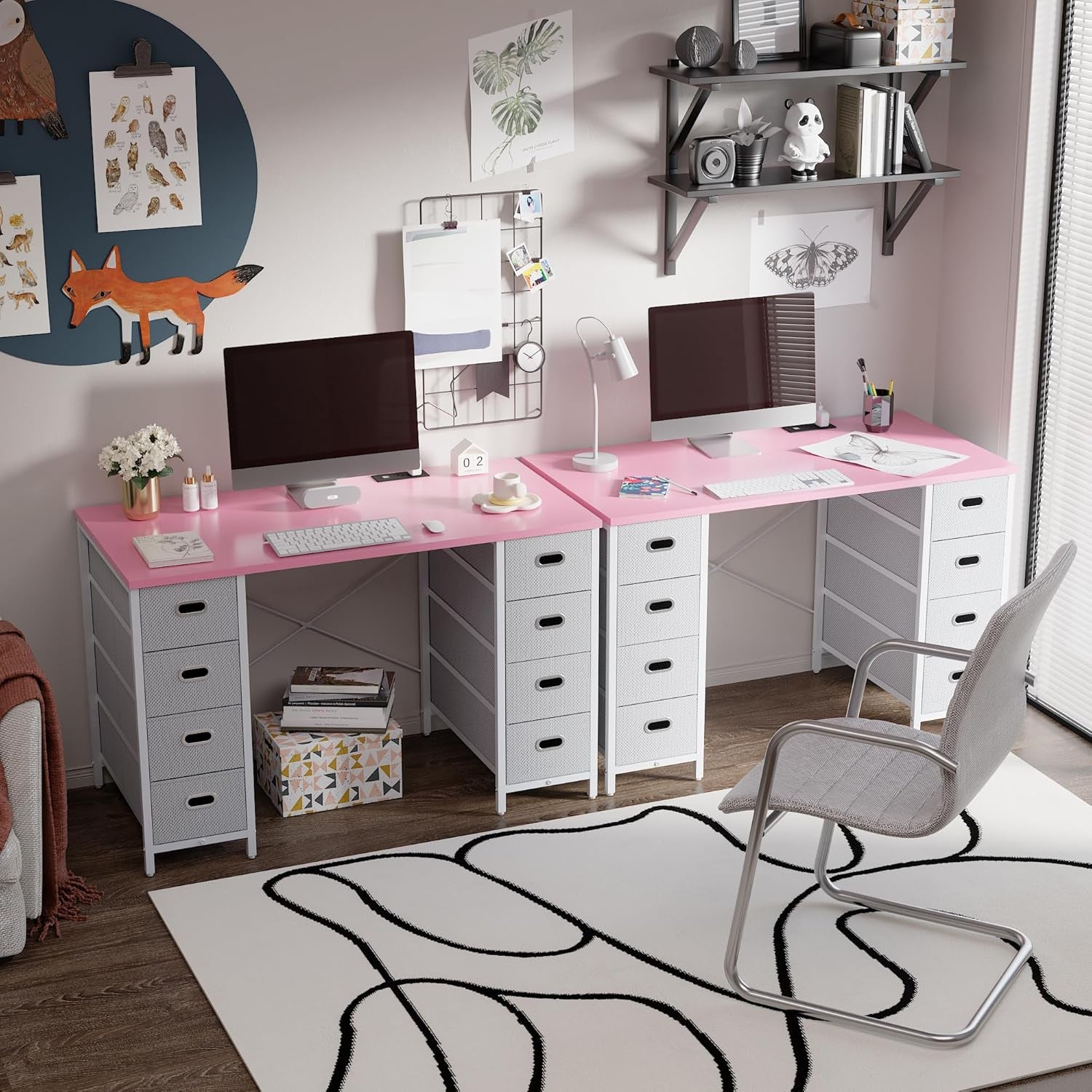 47 Inch Computer Desk with 8 Fabric Drawers and Power Outlet PC Gaming Desk Home Office Study Work Writing Table for Bedroom Pink