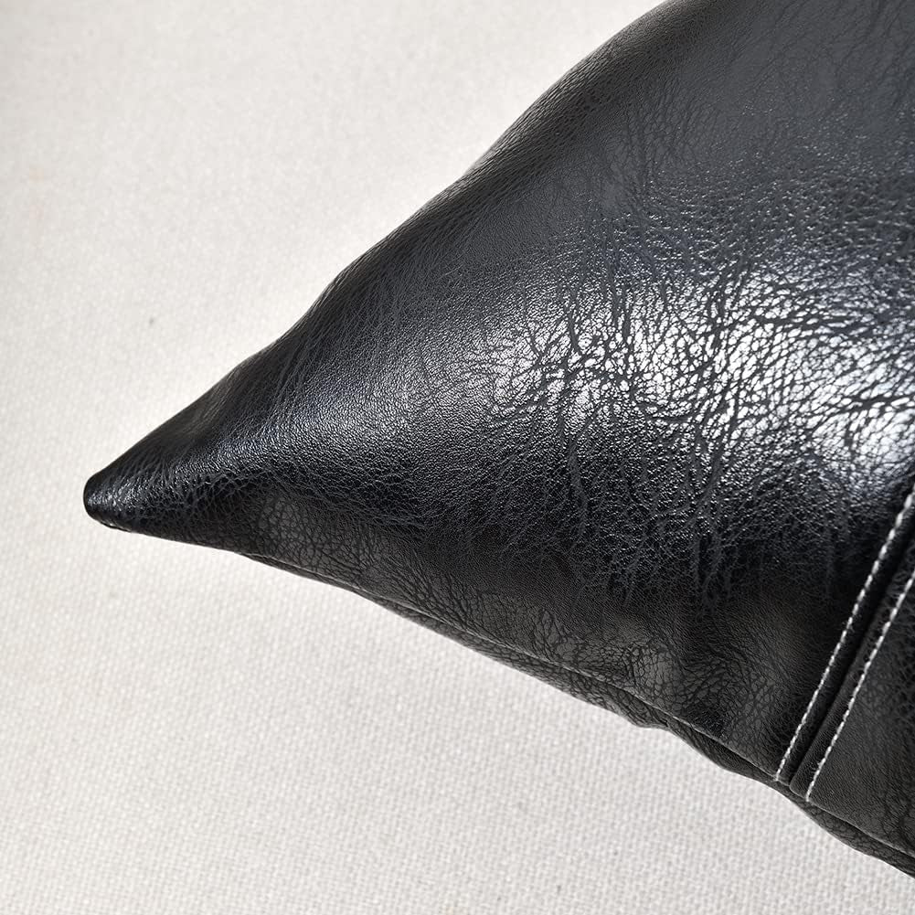 Black Lumbar Faux Leather Decorative Throw Pillow Covers 12X20 Inch for Living Room Couch Bed Sofa, Boho Farmhouse Home Decor, Hand Stitched Rectangle Cushion Case 30X50 Cm