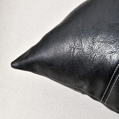 Black Lumbar Faux Leather Decorative Throw Pillow Covers 12X20 Inch for Living Room Couch Bed Sofa, Boho Farmhouse Home Decor, Hand Stitched Rectangle Cushion Case 30X50 Cm