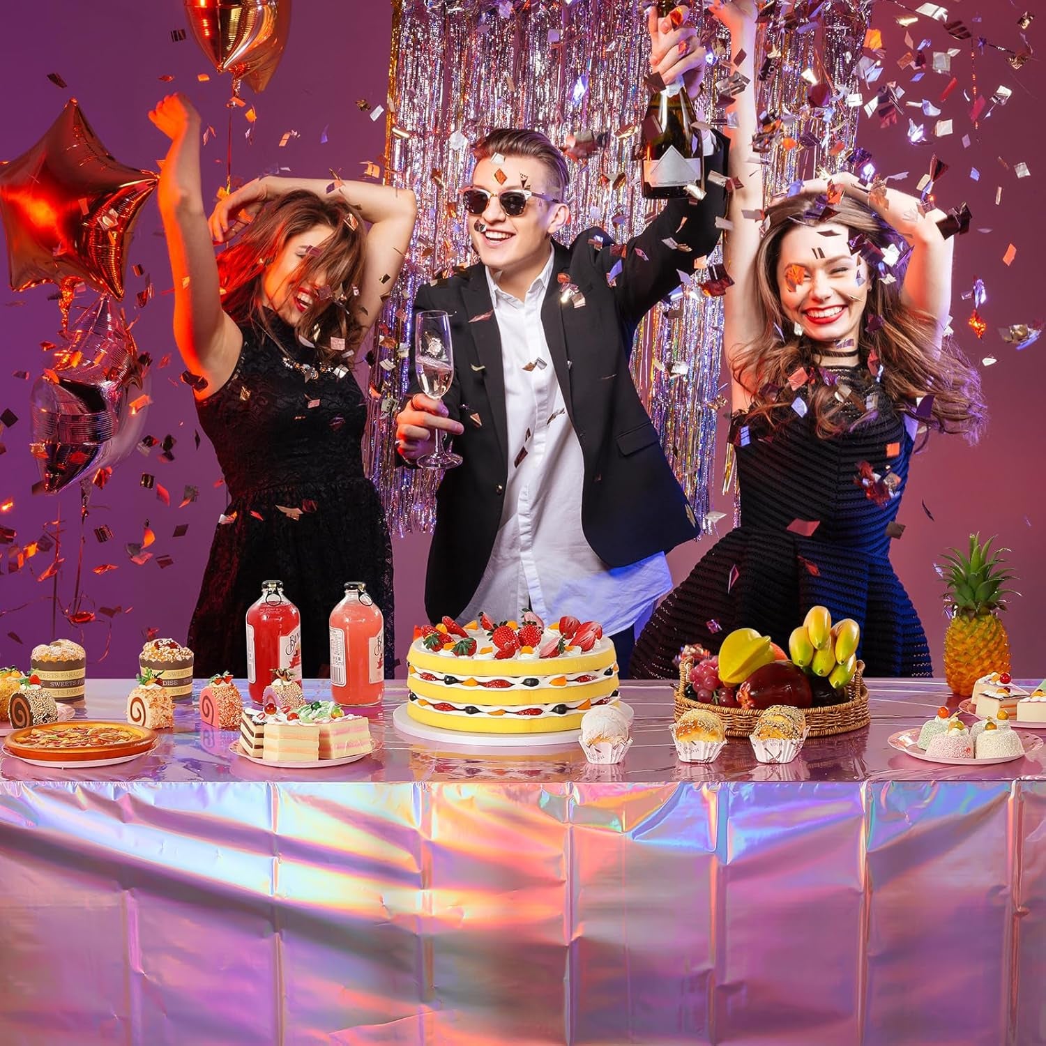 1 Pack Iridescent Pink Plastic Tablecloths,  Shiny Disposable Laser Rectangle Table Covers, Holographic Foil Tablecloth Iridescent Party Decorations for Birthday Wedding Christmas, 54X108Inch