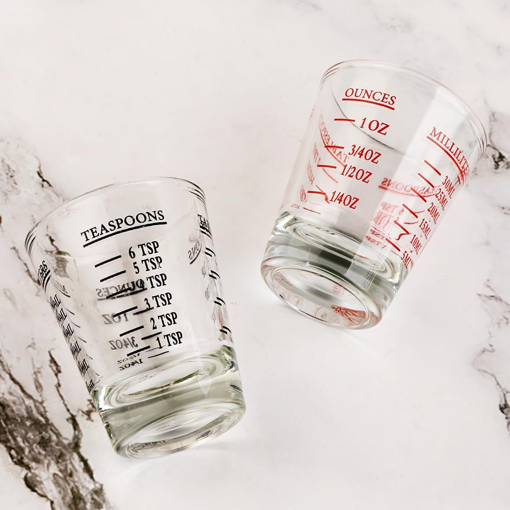 Set of 2 Shot Glasses - Heavy Glass, Perfect for Measuring Espresso, Wine, and More 26-Incremental Measurement 1Oz, 6 Tsp, 2 Tbs, 30Ml (2, Red+Black)