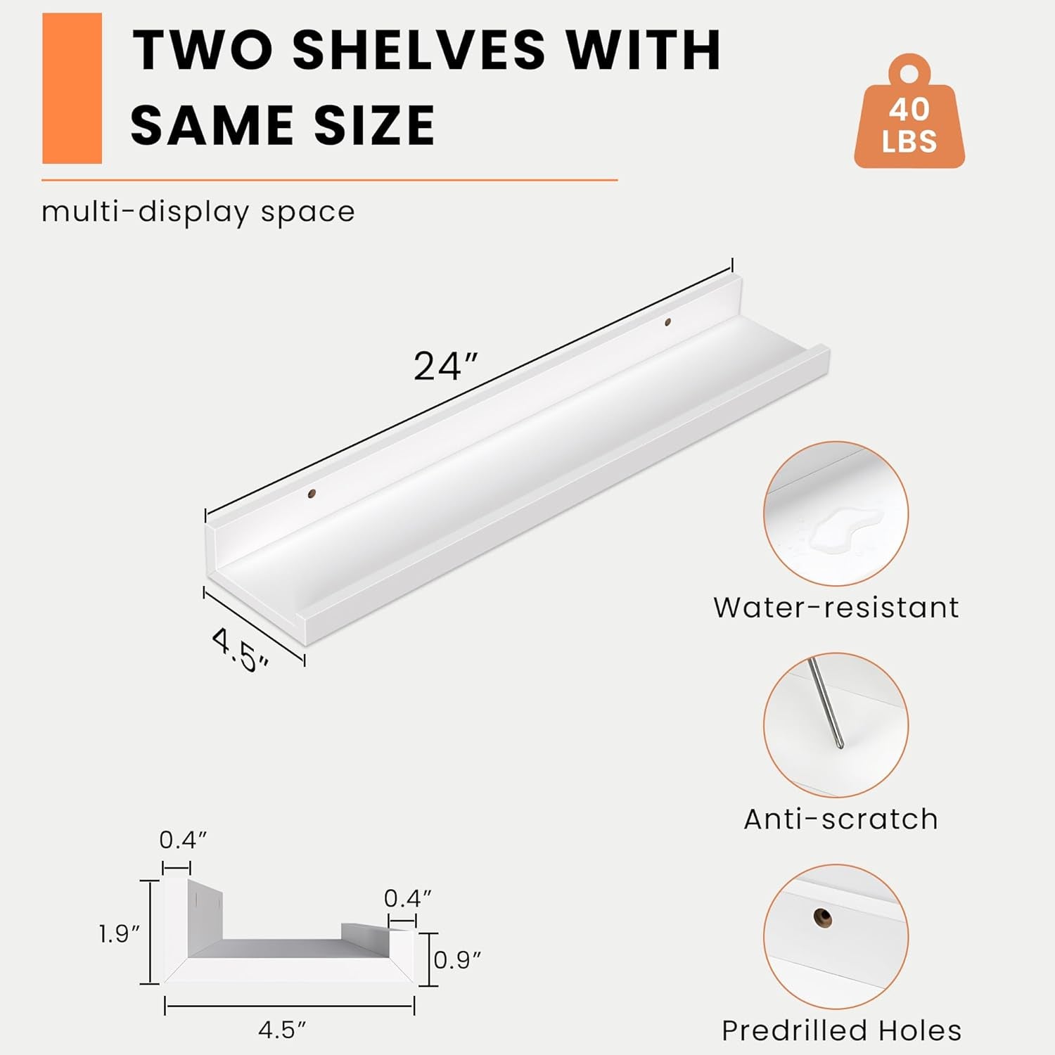 Picture Ledge Shelf, Floating Shelves Set of 2, 24 Inches Picture Shelf for Wall with Ledge, Kids Bookshelf Wall Mounted for Living Room Bedroom Decor Books Photo Frames - White