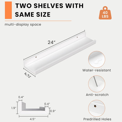 Picture Ledge Shelf, Floating Shelves Set of 2, 24 Inches Picture Shelf for Wall with Ledge, Kids Bookshelf Wall Mounted for Living Room Bedroom Decor Books Photo Frames - White