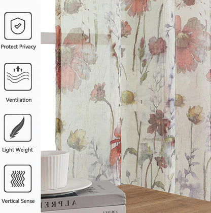 Crushed Sheer Curtains Kitchen Tiers 36 Inch Length 2 Panels, Printed Design Small Window Half Curtains for Bathroom Cafe Bedroom Cupboard Living Room, Short Light Filtering Curtain, 42"X36"