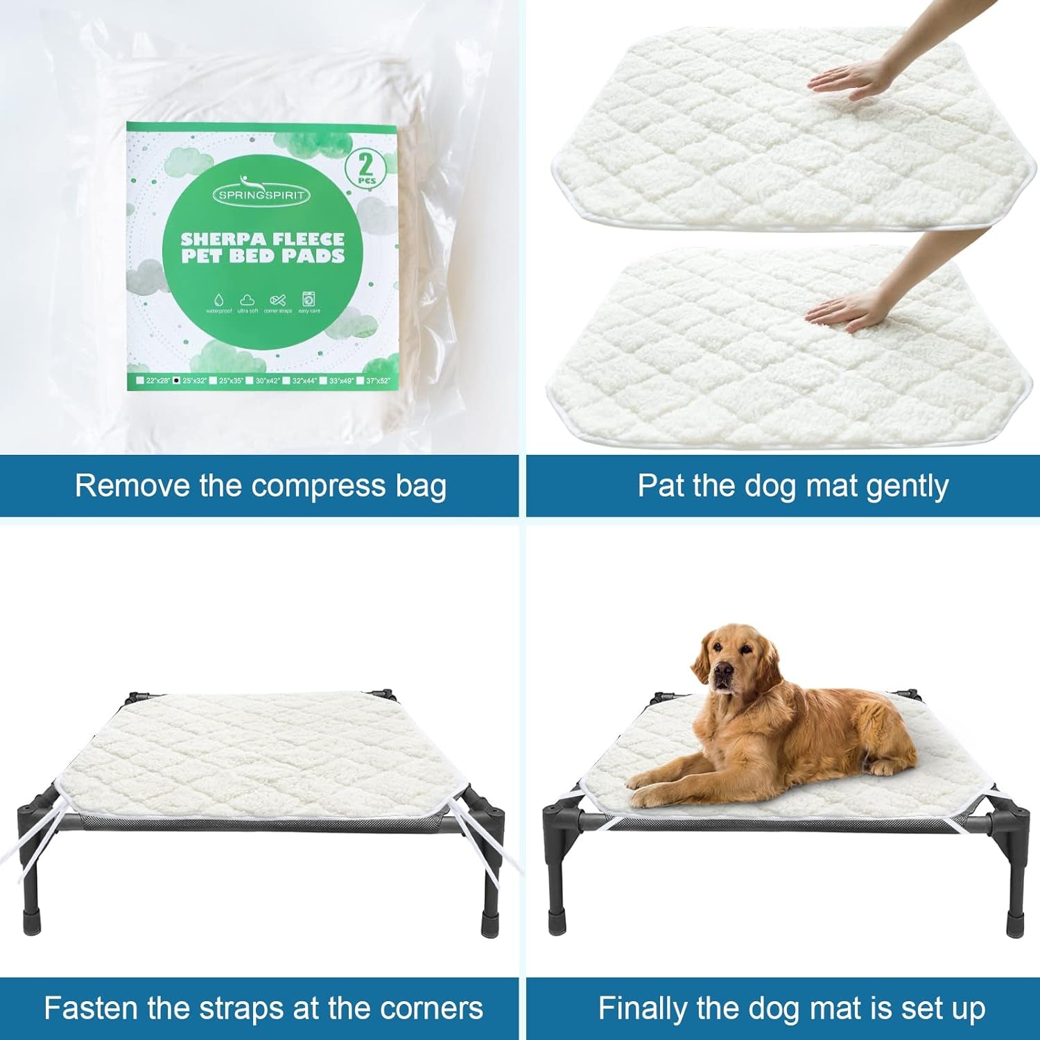 Elevated 2 Pack Soft Plush Dog/Cat Beds Pad, Waterproof with Corner Straps, Machine Washable (Pad Only, Bed Not Included)
