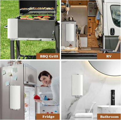 Magnetic Paper Towel Holder for Fridge - No Drill, One Hand Tear with Ratchet Mechanism, Silver, Self-Adhesive & Wall Mount for Kitchen, RV, Garage