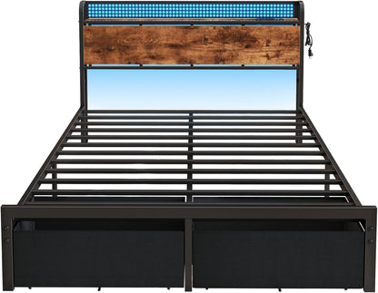 Queen Size Platform Bed Frame with Headboard, Integrated Storage Drawers, Charging Station, LED Lighting, No Box Spring Required, Noise-Free Design