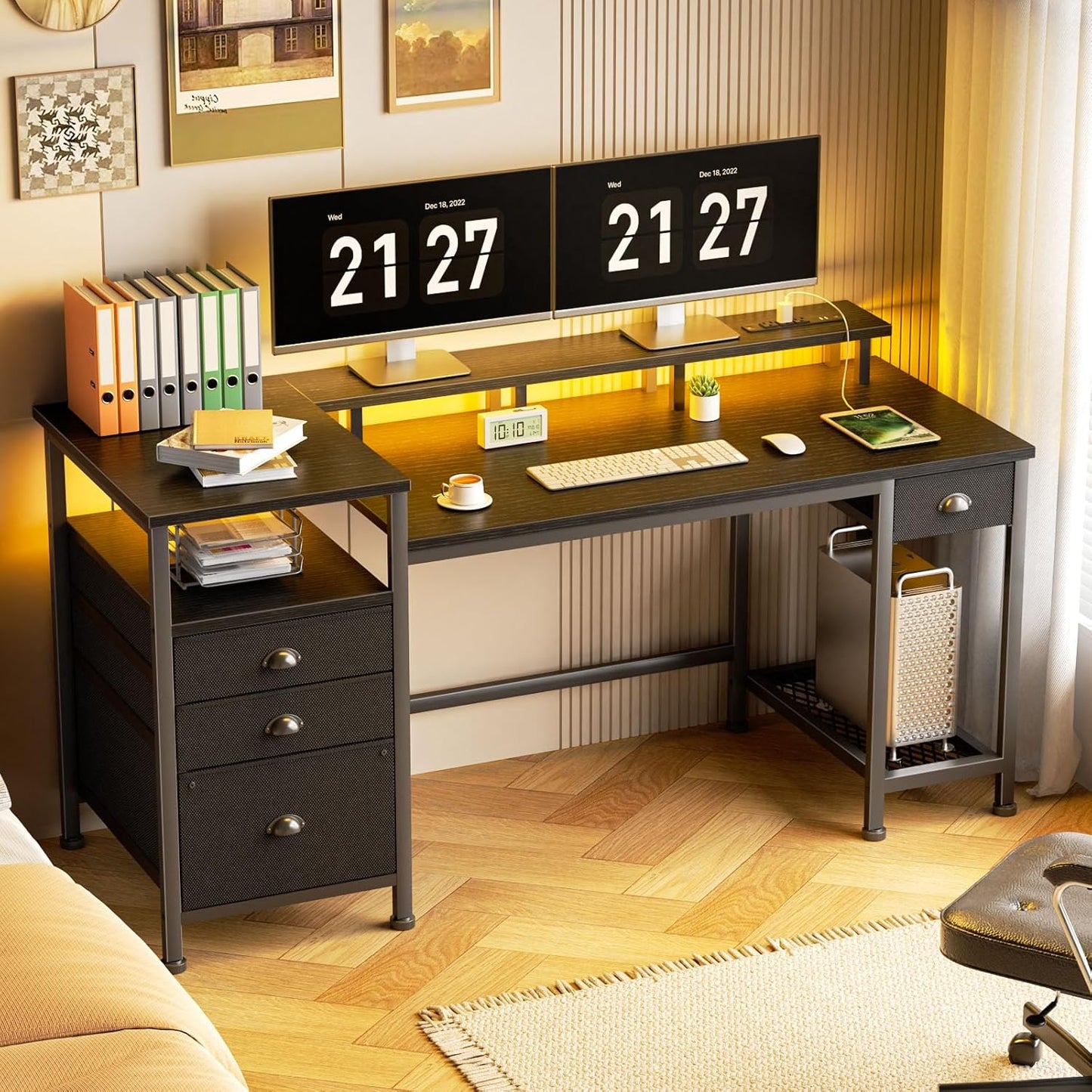 60" Black Computer Desk with 4 Drawers and Printer Space, Gaming Desk with LED Lights and USB Power Outlets, Home Office Desk with Fabric File Cabinet,Study Work Table with Shelf for Bedroom