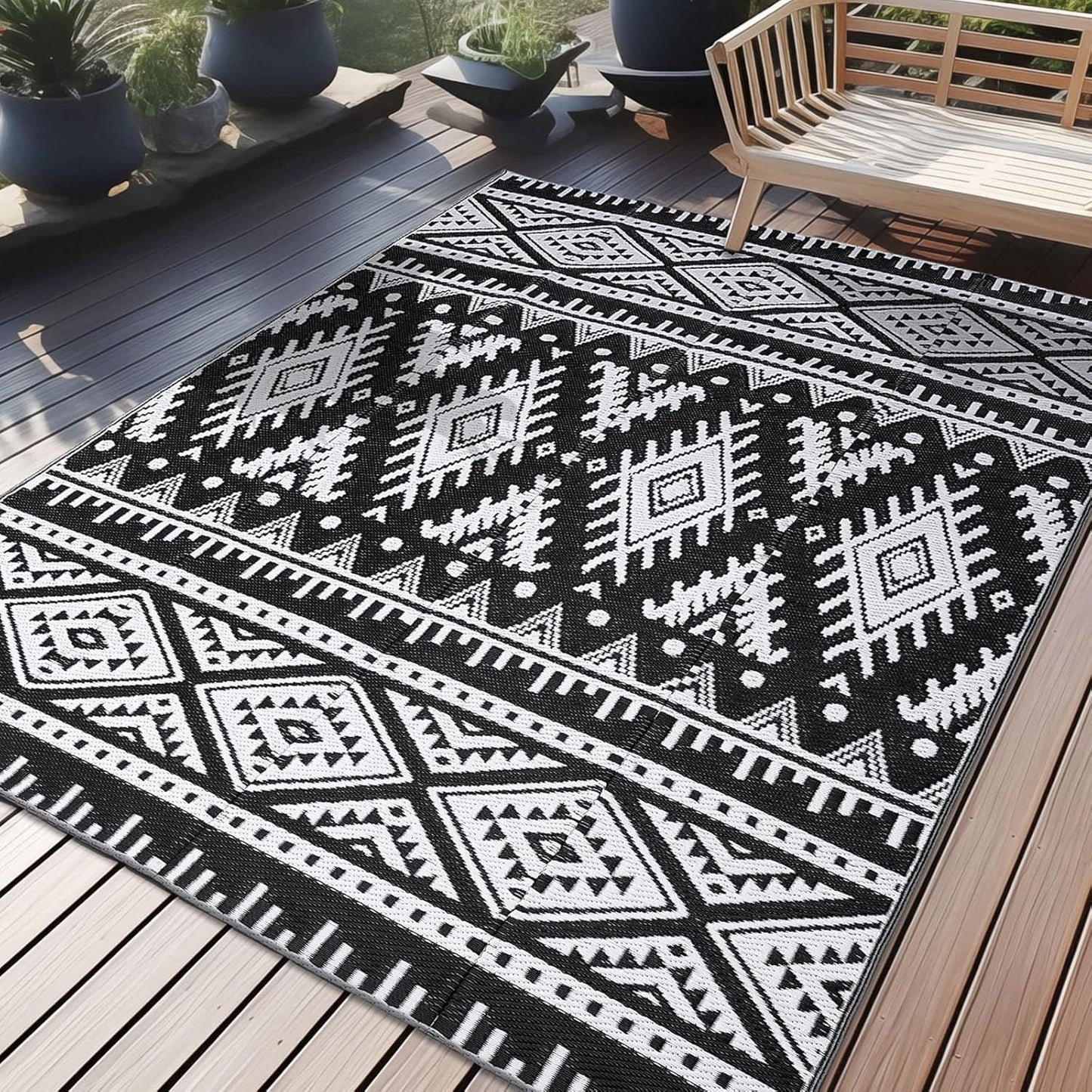 Outdoor Rug Waterproof 5X8 Ft, Reversible Outdoor Plastic Straw Rug, Boho Patio Rug, Indoor Outdoor Carpet, RV Mat outside for Patio, Camp, Picnic, Balcony, Deck, Backyard, Black & White