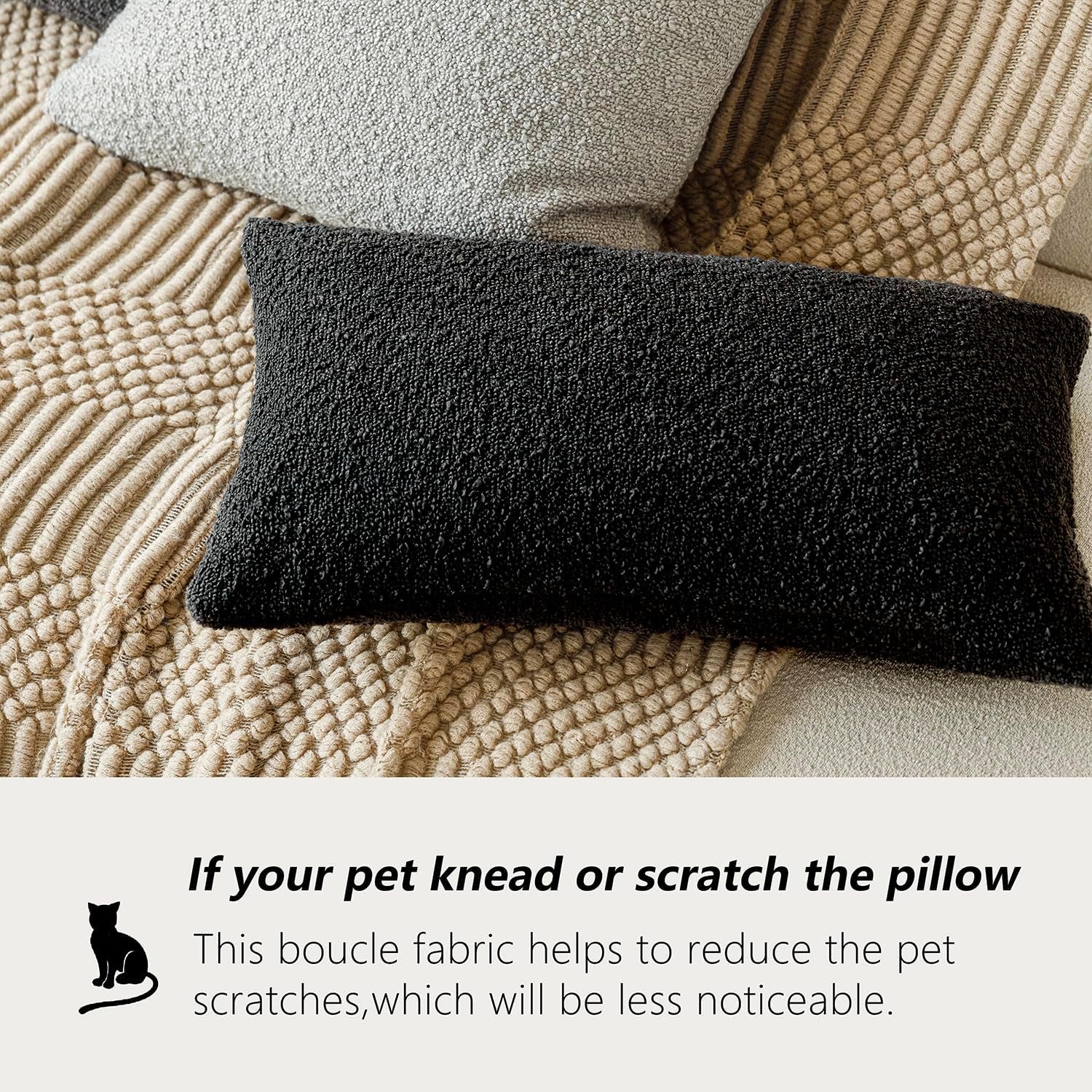 Decorative Textured Boucle Throw Pillow Covers Accent Solid Lumbar Pillow Cases Neutral Soft Cozy Couch Cushion Case for Chair Sofa Bedroom Living Room Home Decor 12 X 20 Inch,Black