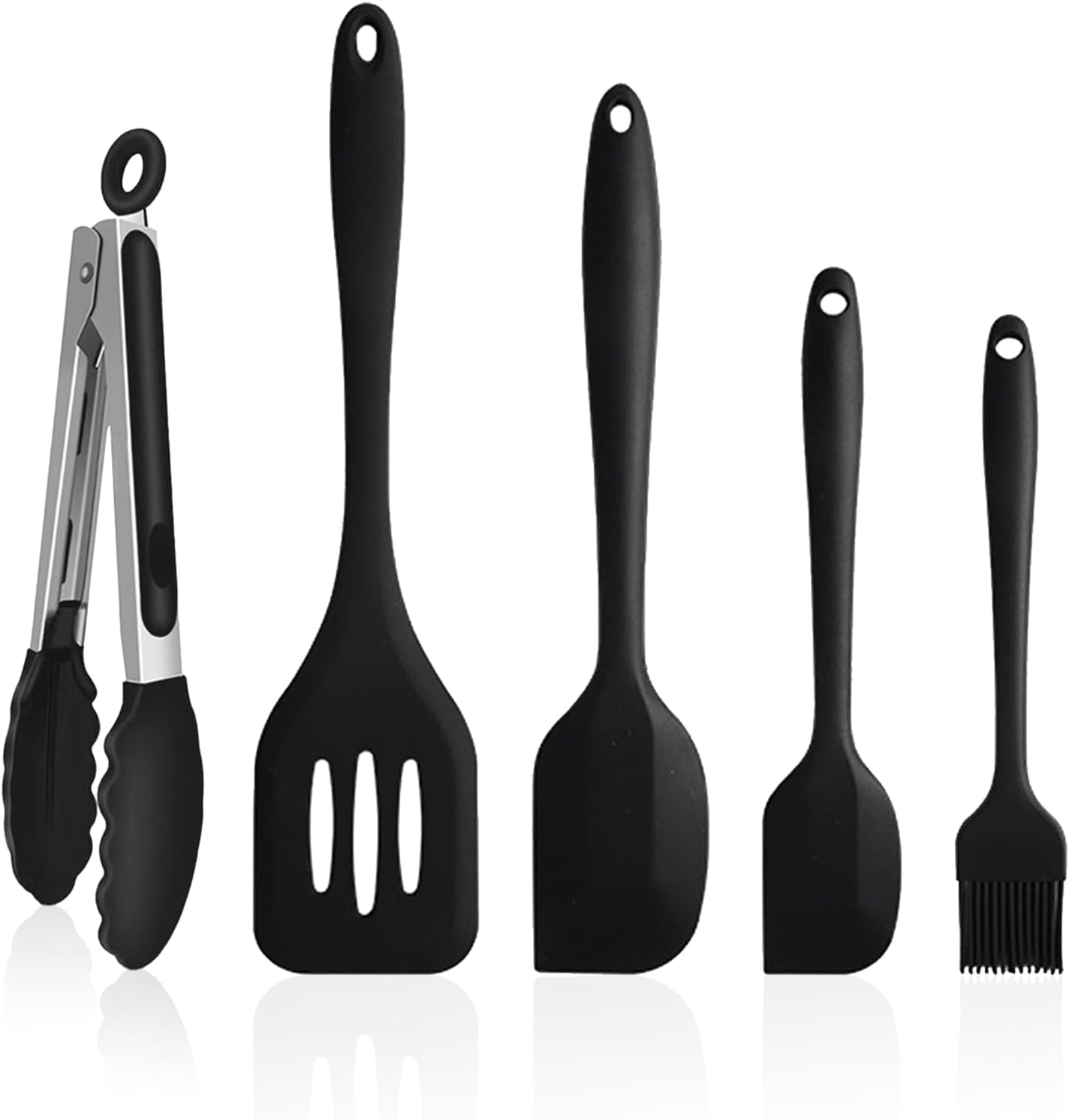 4 Pack Silicone Spatula and Grilling Tongs Kitchen Utensils with Silicone Brush Heat Resistant Bpa-Free Rubber Spatula for Scraping, Baking, Cooking, Mixing-Black