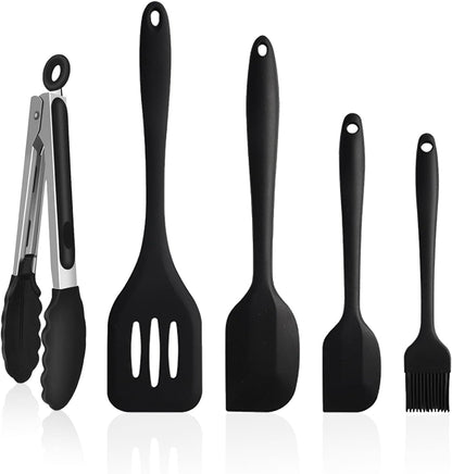 4 Pack Silicone Spatula and Grilling Tongs Kitchen Utensils with Silicone Brush Heat Resistant Bpa-Free Rubber Spatula for Scraping, Baking, Cooking, Mixing-Black