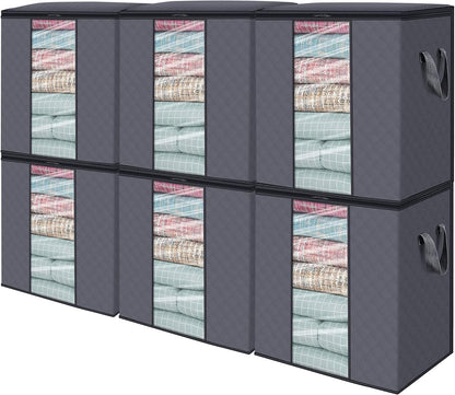 Clothes Storage Bags 6 Pack/100L Large Blanket Clothes Organization and Storage Containers for Bedding, Comforters, Foldable 3 Layer Fabric, Reinforced Handle, Sturdy & Clear Window, Grey