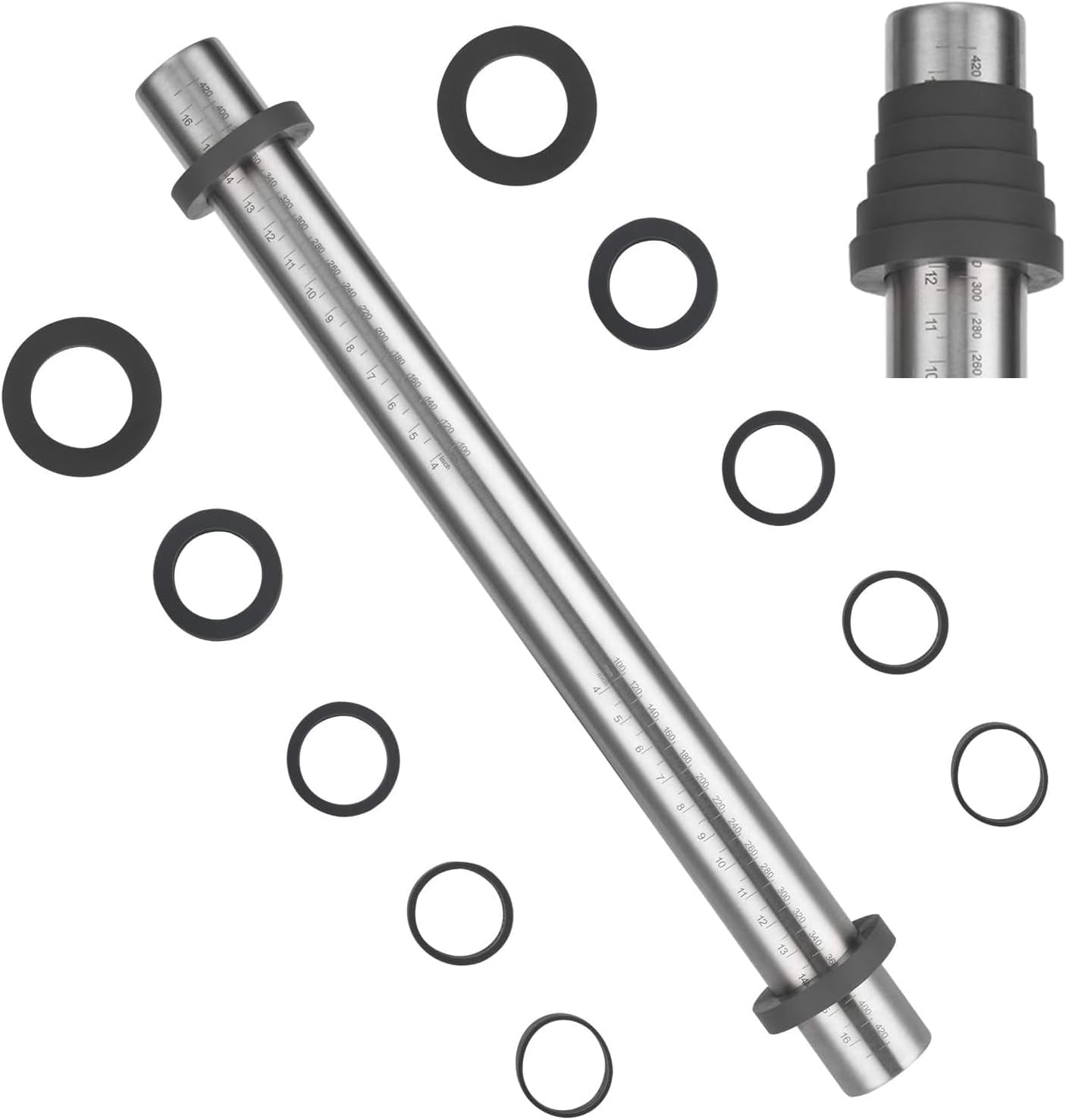 Adjustable Rolling Pin with Thickness Rings for Baking -Non Stick Stainless Steel Dough Roller Pin with Bands for Cookie,Wood,Wooden and Bread (Grey, 15.8 '')