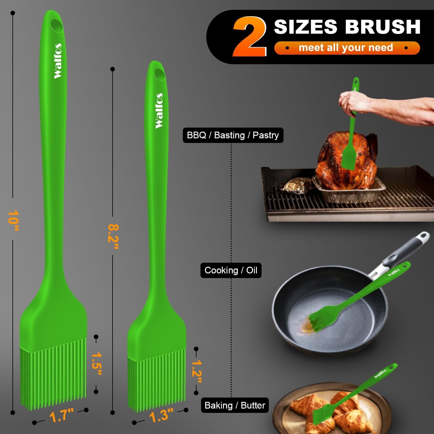 Silicone Basting Pastry Brush, Heat Resistant Pastry Brush Set, Strong Steel Core and One-Pieces Design, Perfect for BBQ Grill Baking Kitchen Cooking,Bpa Free and Dishwasher Safe,2Pcs (Green)