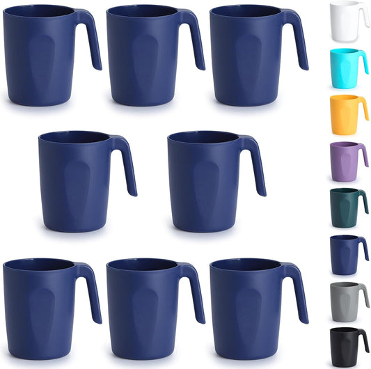 Set of 8 Blue Plastic Coffee Mugs with Handles, 15 Oz Reusable Cups for Home, Garden, Picnic, Camping, and Outdoor Use