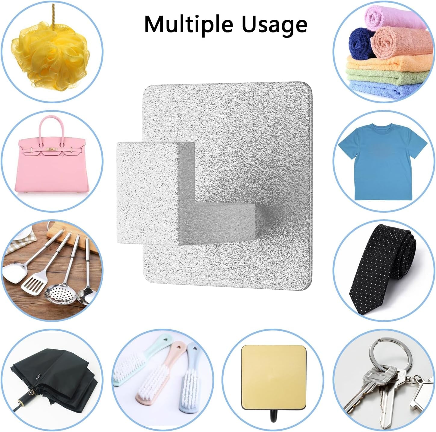 Adhesive Towel Hooks, Heavy Duty Wall Hooks Aluminum Black Hooks for Hanging Coat, Hat, Towel, Robe, Clothes, Shower Hook for Door, Office, Kitchen, Bathroom - 2 Pack (Silver)