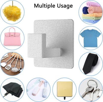 Adhesive Towel Hooks, Heavy Duty Wall Hooks Aluminum Black Hooks for Hanging Coat, Hat, Towel, Robe, Clothes, Shower Hook for Door, Office, Kitchen, Bathroom - 2 Pack (Silver)