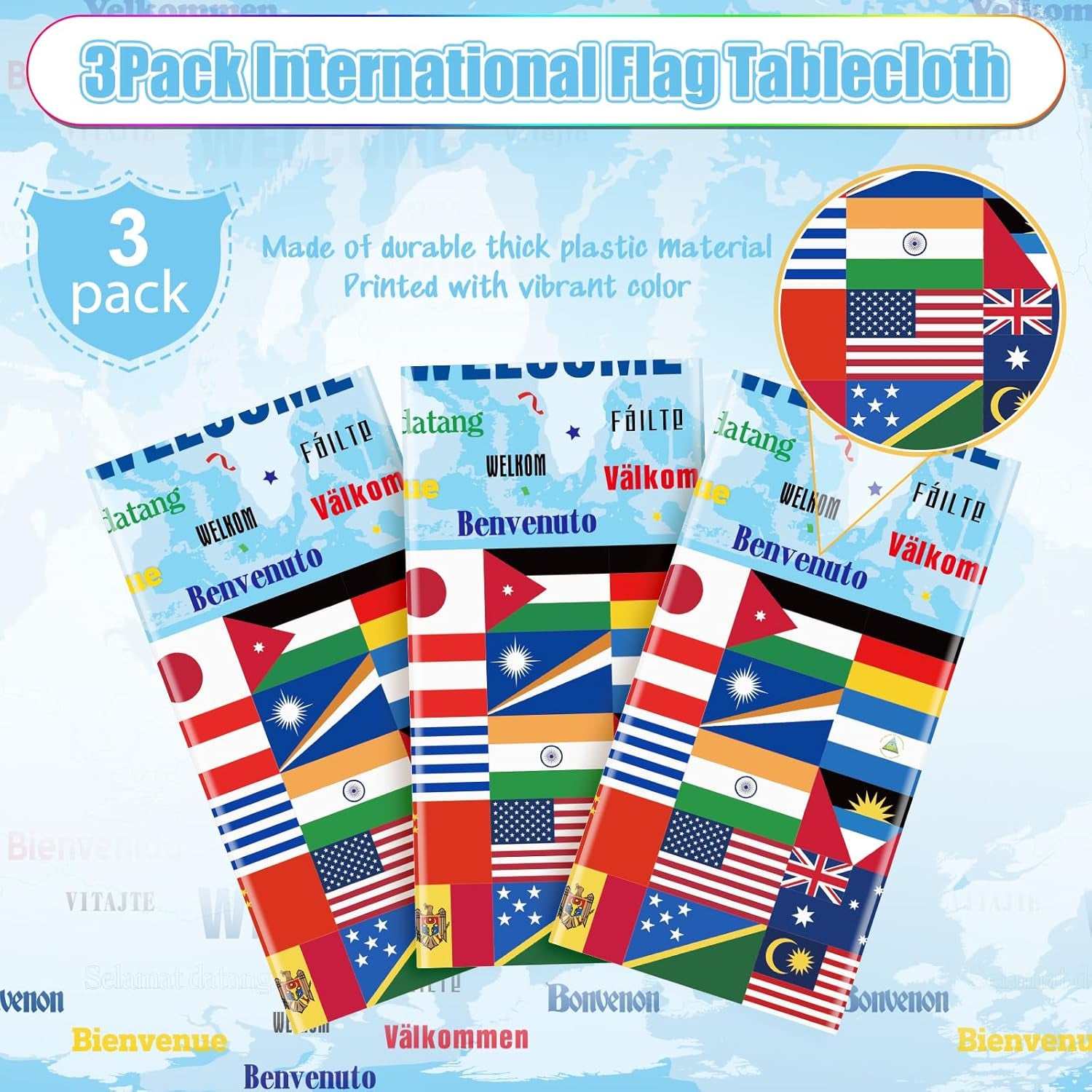 3 Pack International Flag Tablecloths Disposable World Flag Table Cover Rectangle Plastic Table Cloth for Soccer Sports Events Beer Party Celebration Olympics Party Decorations,108 X 54 Inch