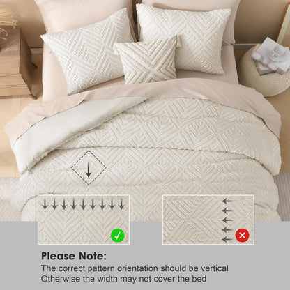 King Size Comforter Set Beige, 3 Pieces Cream Tufted Boho Farmhouse Bedding Comforter Sets, Lightweight Fluffy Comforter Bed Set for All Season (104X90In Comforter and 2 Pillowcases)