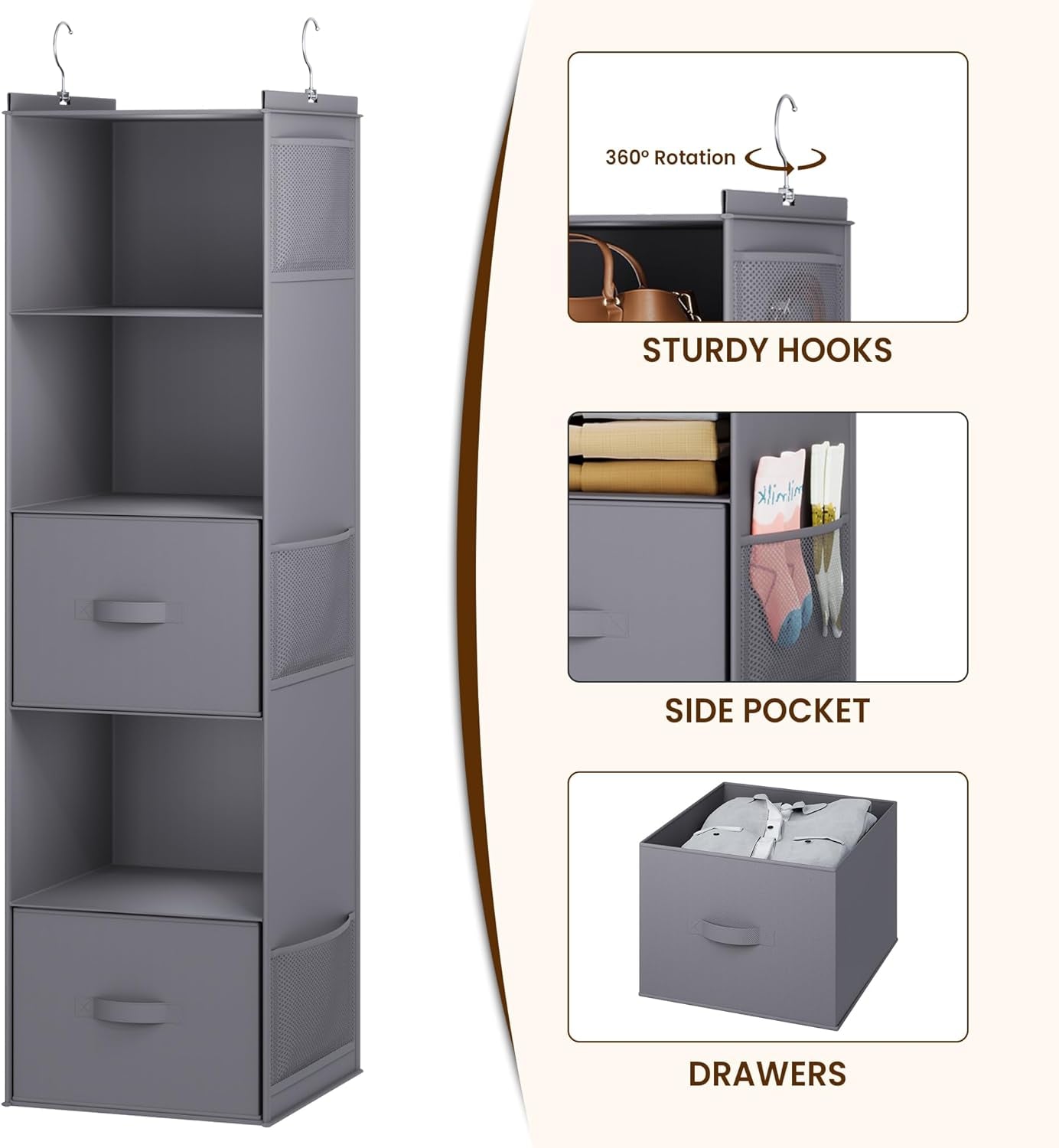 Hanging Closet Organizer, 5 Tier Hanging Closet Shelves with Drawers and 6 Side Pockets, Grey