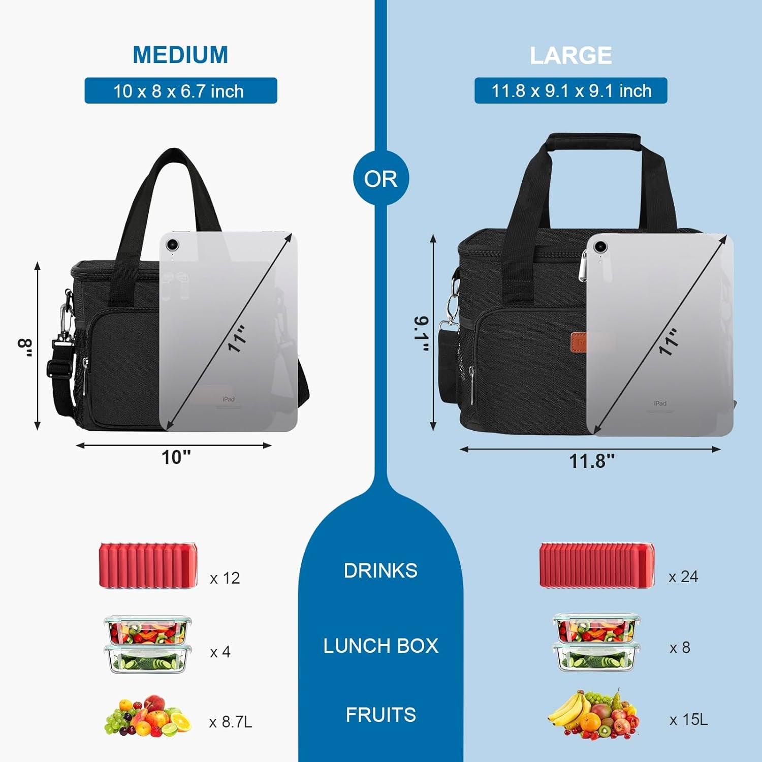 Reusable Lunch Box for Men/Women - Insulated Lunch Bag Leakproof Lunchbox for Work Office Picnic Beach - Freezable Lunch Cooler Bag with Adjustable Shoulder Strap - Black
