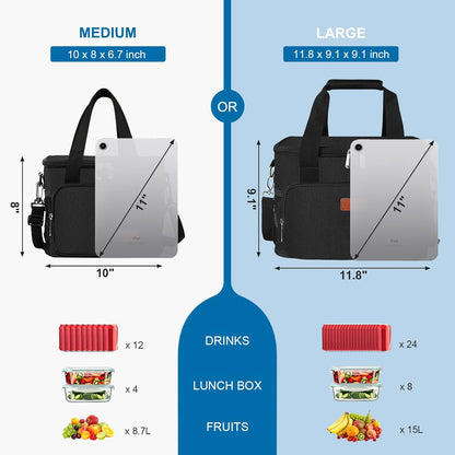 Reusable Lunch Box for Men/Women - Insulated Lunch Bag Leakproof Lunchbox for Work Office Picnic Beach - Freezable Lunch Cooler Bag with Adjustable Shoulder Strap - Black