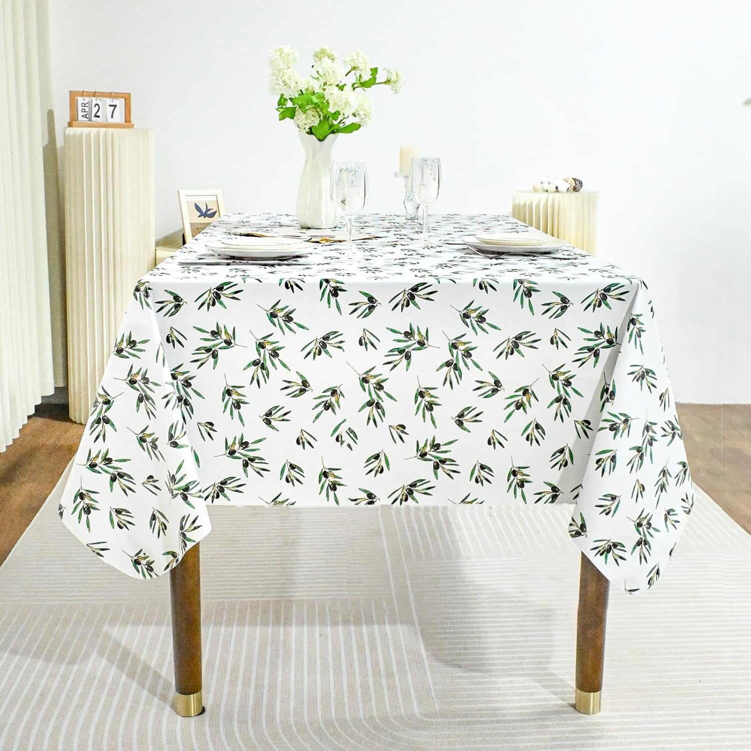 Rectangle Green Olive Table Cloth, Waterproof Vinyl Summer Tablecloth Flannel Backed, Wipeable Plastic Table Covers for Dinner, Kitchen and Outdoor 60" X 84"