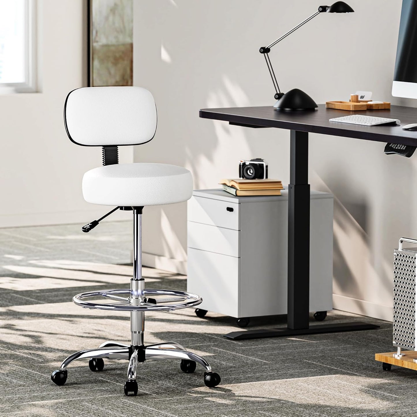 Adjustable Drafting Chair with Back Support and Foot Rest, Versatile Rolling Stool for Office, Home Bar, Kitchen, and Shop - White