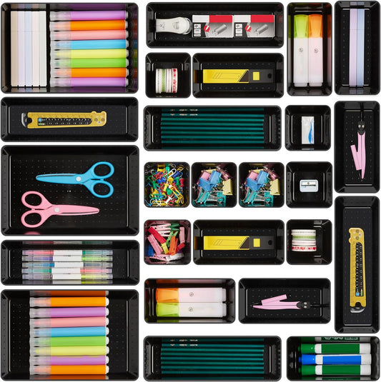 25 PCS Office Desk Drawer Organizers Set, 4-Size Versatile Plastic Drawer Organizer Trays, Storage Bins for Desk Accessories Office Organizers and Storage, Bathroom, Makeup, Vanity, Black