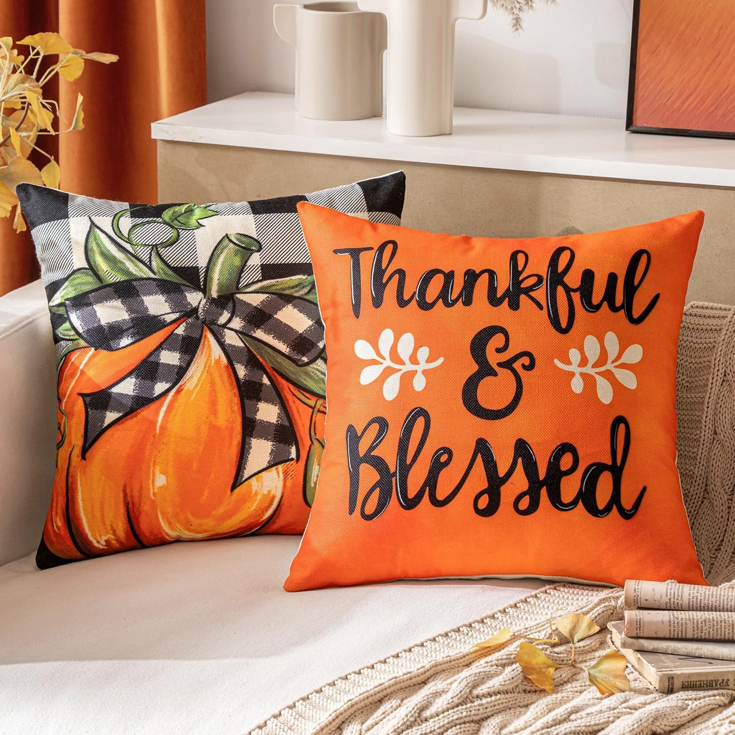 Fall Orange Throw Pillow Covers Buffalo Check Plaid Pumpkin Thanksgiving Harvest Decorations 18X18 Inch Autumn Gather Farmhouse Cushion Cases for Sofa Couch Set of 4
