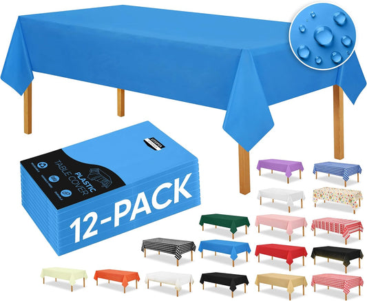 Plastic Table Cloth Disposable (12 Pack - 54X108 Inch) Blue Rectangle Tablecloth Waterproof Stain Resistant Party Table Cover