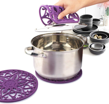 Trivets for Dishes/Pots/Pans, 3 Pcs Silicone Mats, Flexible/Durable/Non Slip Hot Pads to Protect Table and Counter Top (Purple)