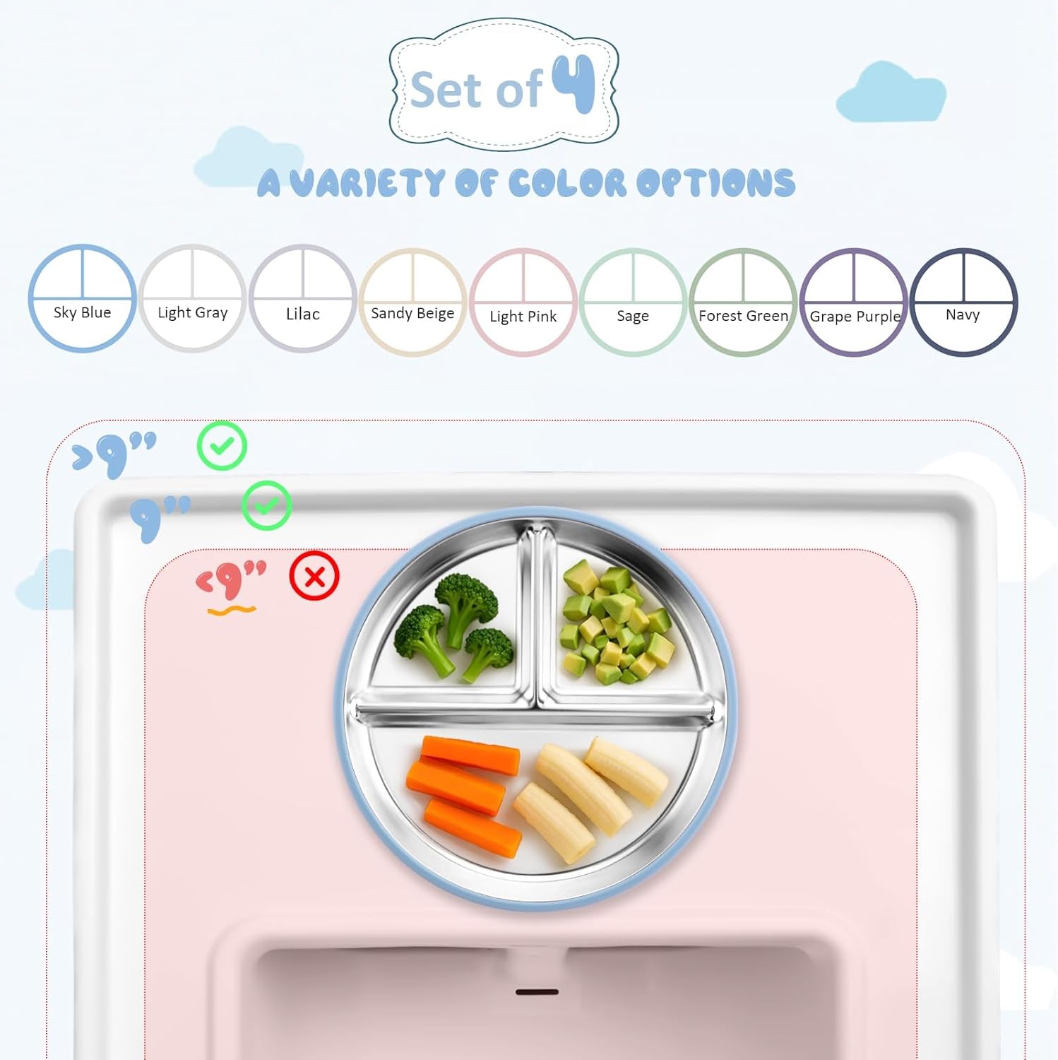 Stainless Steel Toddler Suction Plate with Lid, Deepened 9" Divided Plates with Removable Silicone Sleeves for Kids, Non Toxic Unbreakable Snack Dishes Set of 4, Sage Blue Beige Lilac