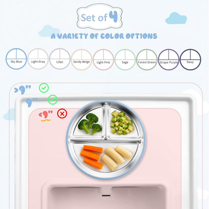 Stainless Steel Toddler Suction Plate with Lid, Deepened 9" Divided Plates with Removable Silicone Sleeves for Kids, Non Toxic Unbreakable Snack Dishes Set of 4, Sage Blue Beige Lilac