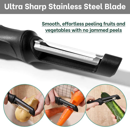 Swivel Vegetable Peeler, Razor-Sharp Smooth Peeling Stainless Steel Blades, Ergonomic Comfort Non-Slip Rubber Handle, Durable Kitchen Peeler Tool with Potato Eye Remover, Dishwasher Safe, Black
