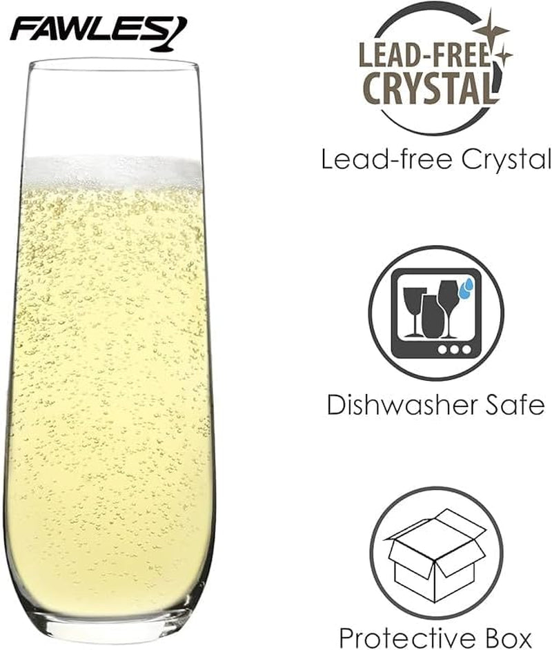 Set of 12 Stemless Crystal Champagne Flutes, 8 Oz Prosecco and Mimosa Glasses