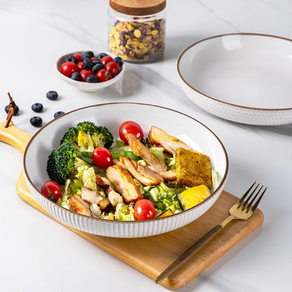 Set of 4 Off-White 9.5'' Large Stoneware Pasta and Salad Bowls - 42 Ounce Ceramic Serving Bowls with Textured Design for Pasta, Fruit, Stews, and Noodles - Ideal Housewarming Gift