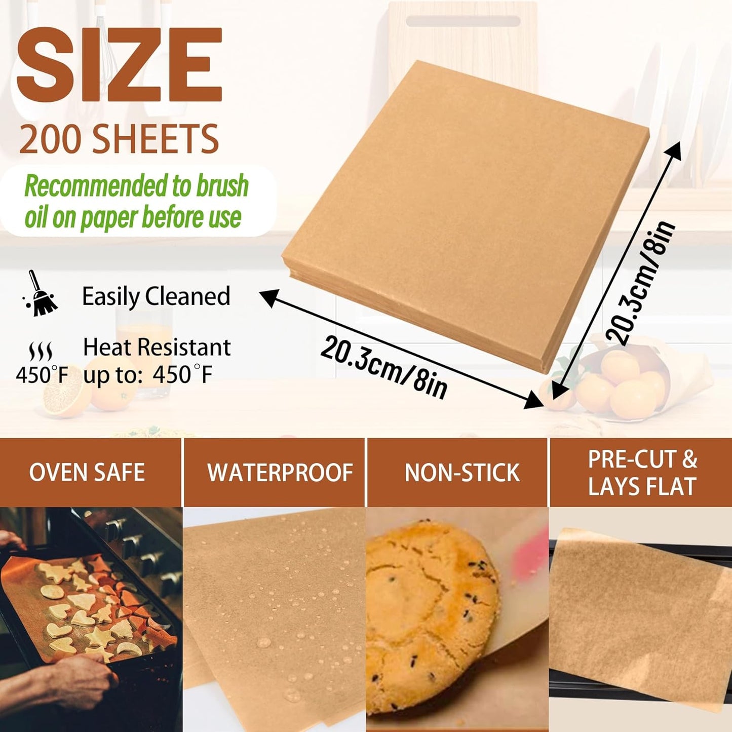 200 Pcs Parchment Paper Baking Sheets, 8"X8" Precut Non-Stick Baking Parchment Paper Sheets Bun Sheet Pan Liners.Baking Grilling Air Fryer Steaming Bread Cup Cake Cookie (Brown-8"X8")