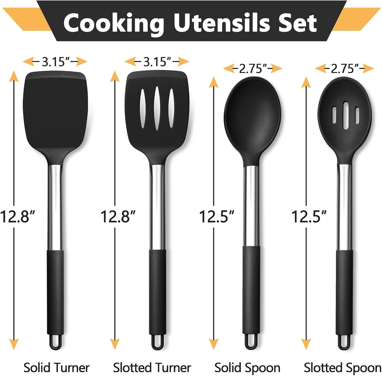 Black Kitchen Cooking Utensil Set of 4, Silicone Solid Spatulas Slotted Spoons Turners for Non-Stick Cookware Flipping Mixing, Heat-Proof