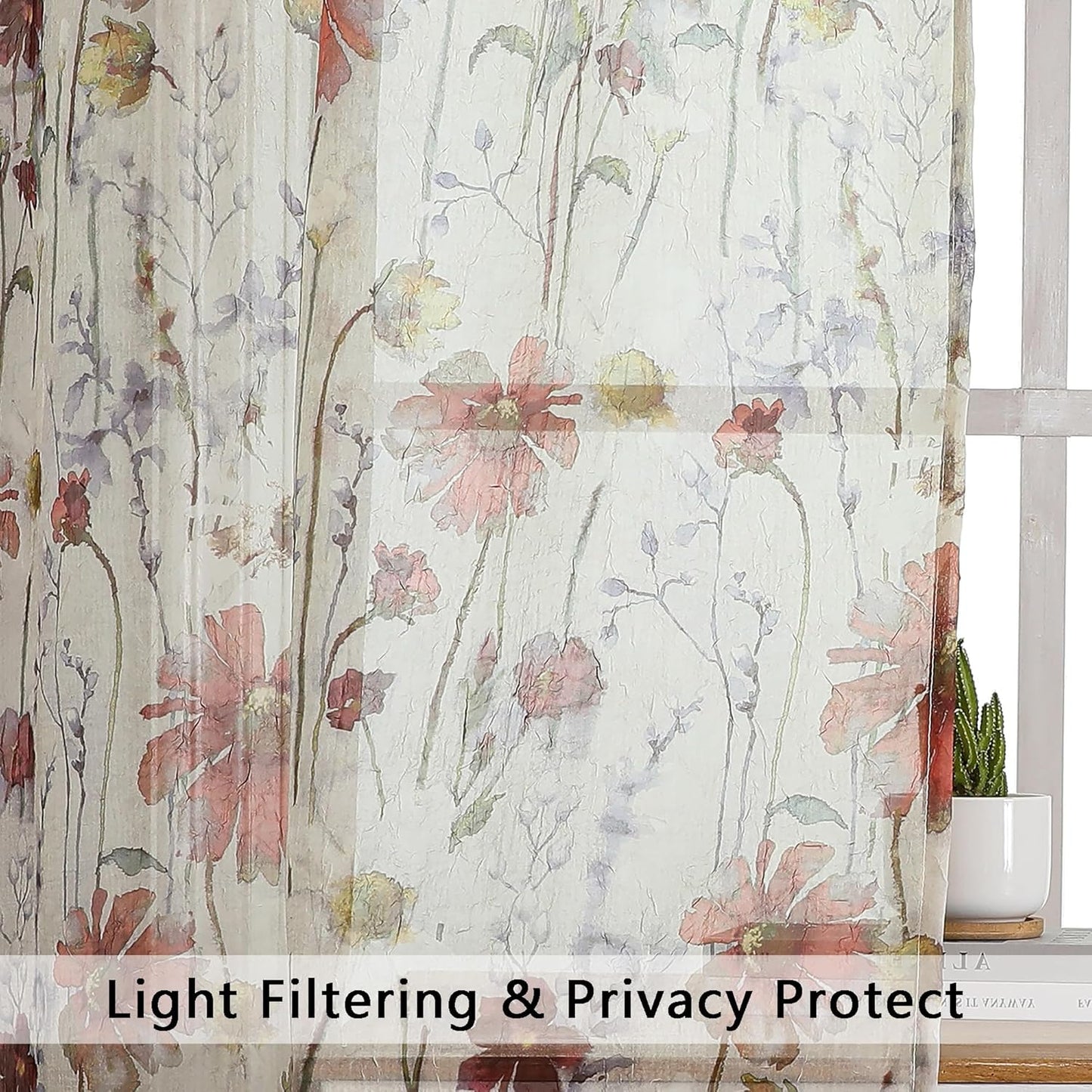 Crushed Sheer Curtains Kitchen Tiers 36 Inch Length 2 Panels, Printed Design Small Window Half Curtains for Bathroom Cafe Bedroom Cupboard Living Room, Short Light Filtering Curtain, 42"X36"