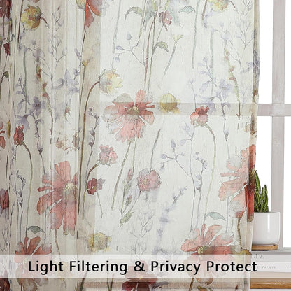 Crushed Sheer Curtains Kitchen Tiers 36 Inch Length 2 Panels, Printed Design Small Window Half Curtains for Bathroom Cafe Bedroom Cupboard Living Room, Short Light Filtering Curtain, 42"X36"