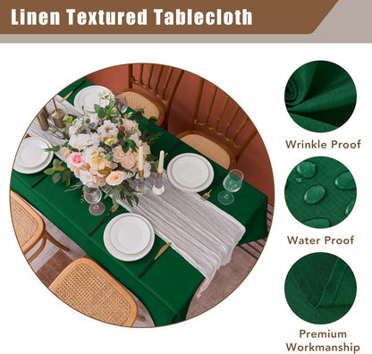 Faux Linen Tablecloths 60 x 84 Inches - Set of 2 Hunter Green Rectangular Table Covers for Parties, Banquets, Kitchen Dining, and Farmhouse Decor